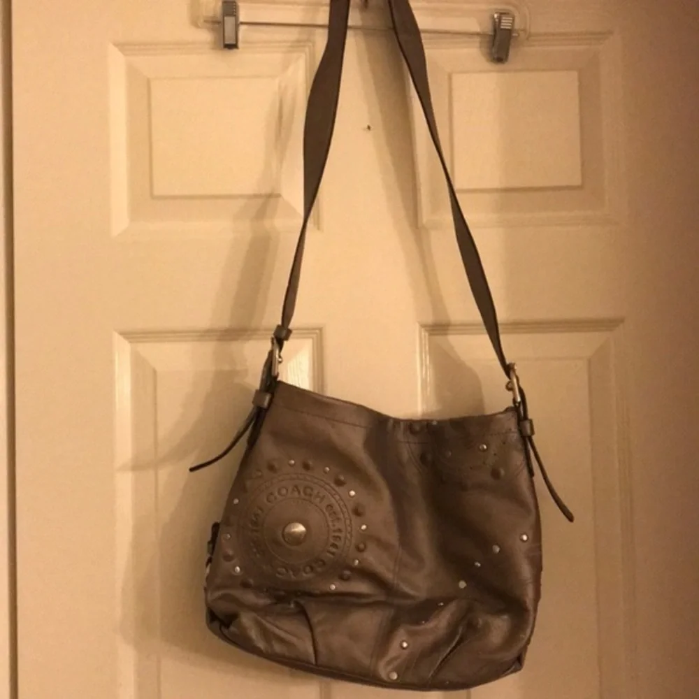 Coach Hobo Bag Grey Leather Studded Applique Duffel Silver Graphite k1269-f16178